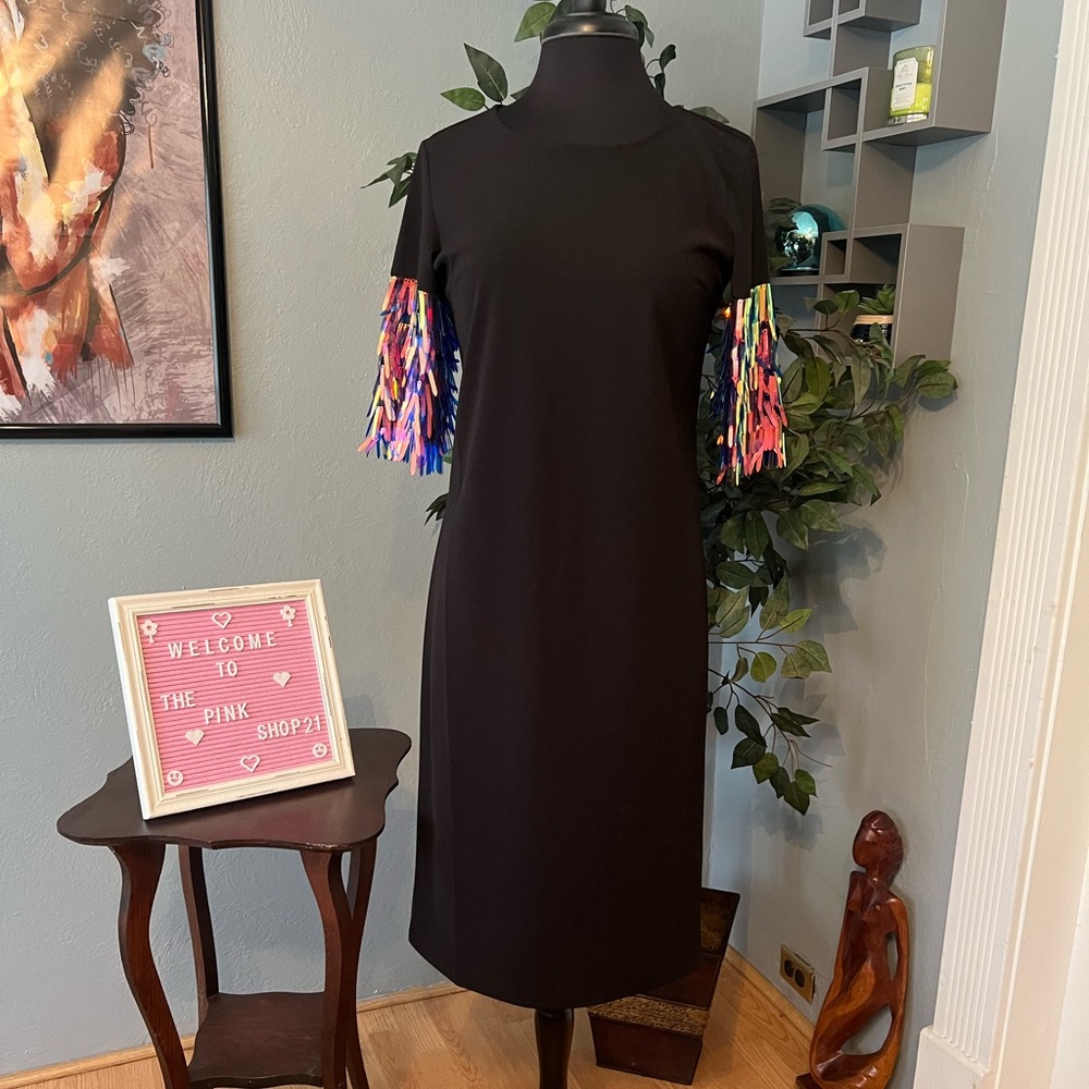 NWOT!! Touch Me Black Midi Dress With Iridescent Fringe Sleeves
